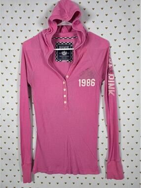 Vintage PINK Victoria's Secret Thermal Hooded Henley Top Pink Medium y2k 86